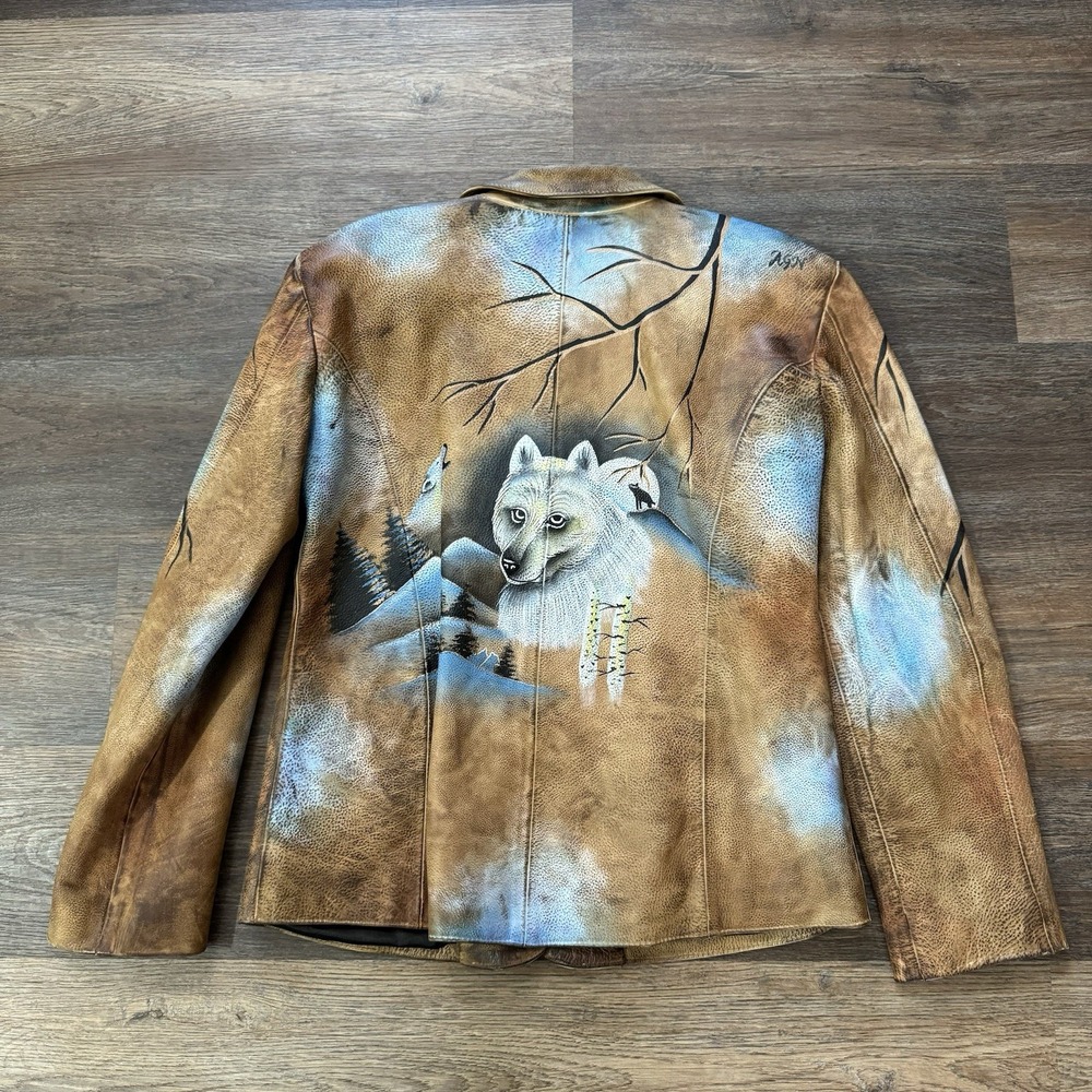 VTG Hand Painted Wolf Alaska Nature Brown Faux Leather Jacket Tagged Size XL - Picture 7 of 9